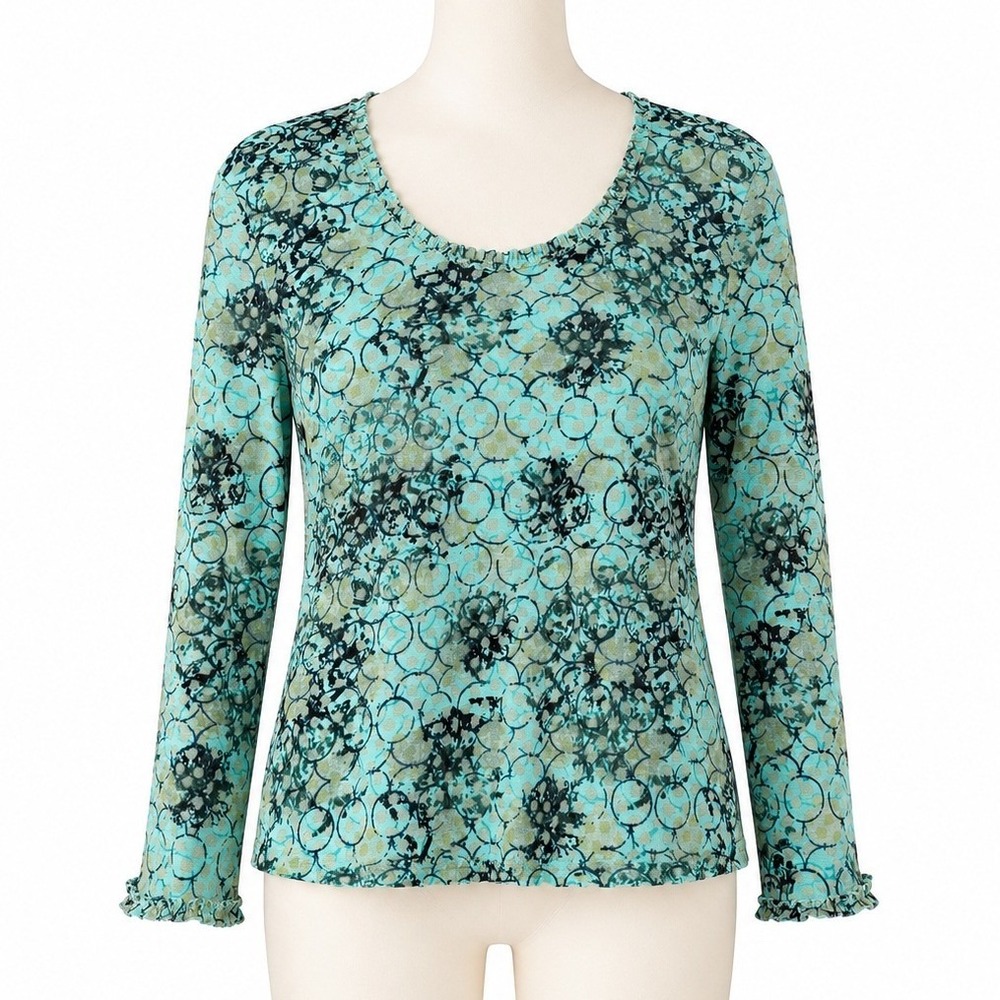 Sigrid Olsen Top Women M Teal Geometric Mesh Long Sleeve Ruffle Scoop Neck Y2K
